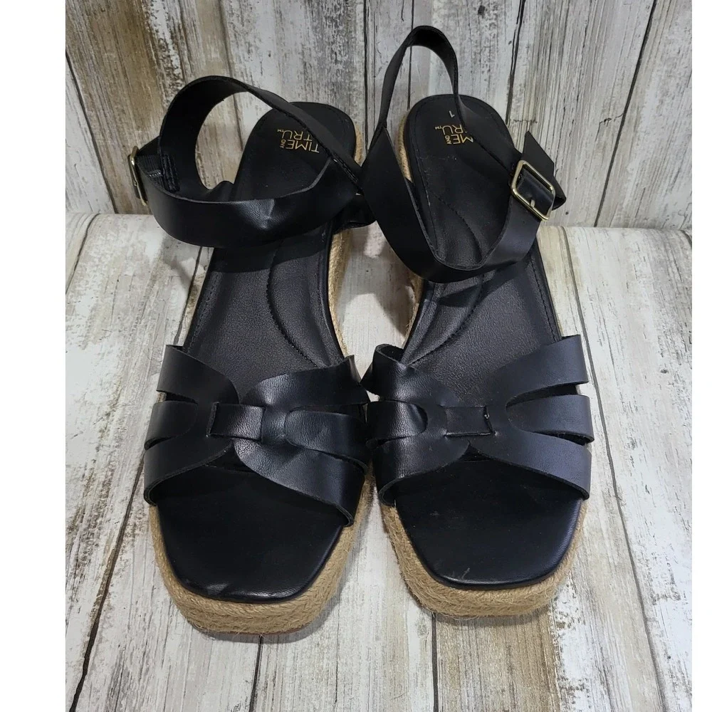 Time and Tru Women Black Espadrille Wedge Sandals Ankle Strap Size 11